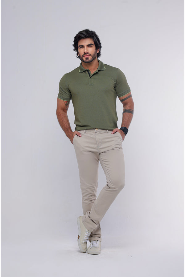 Calça Jeans Bolso Faca Alfaiataria Caqui Ref:CJM41