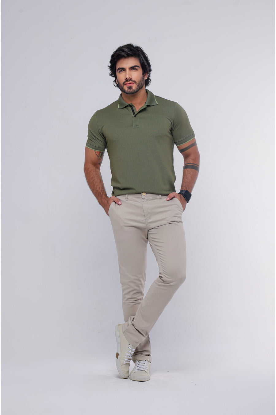 Calça Jeans Bolso Faca Alfaiataria Caqui Ref:CJM41
