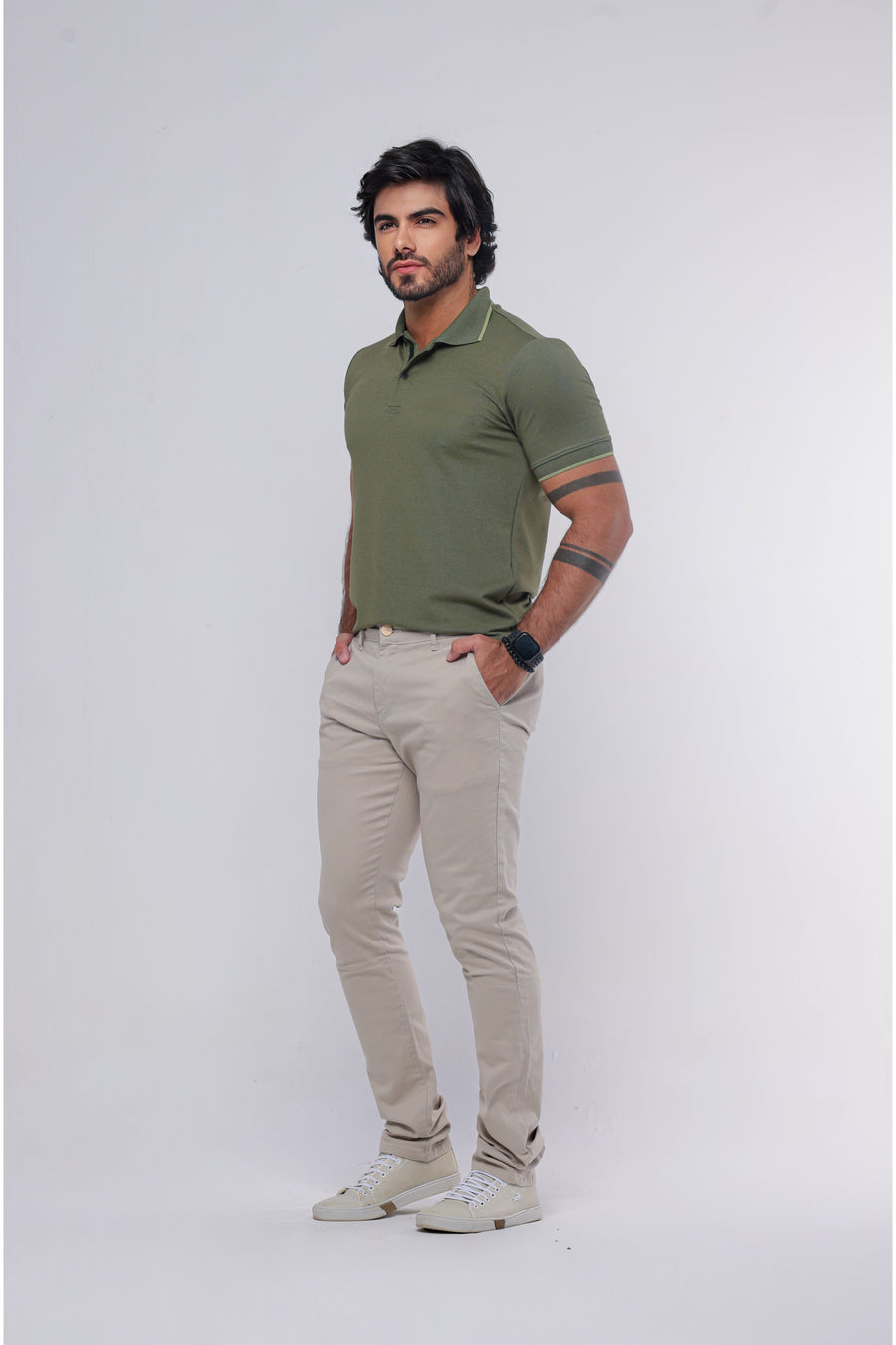 Calça Jeans Bolso Faca Alfaiataria Caqui Ref:CJM41