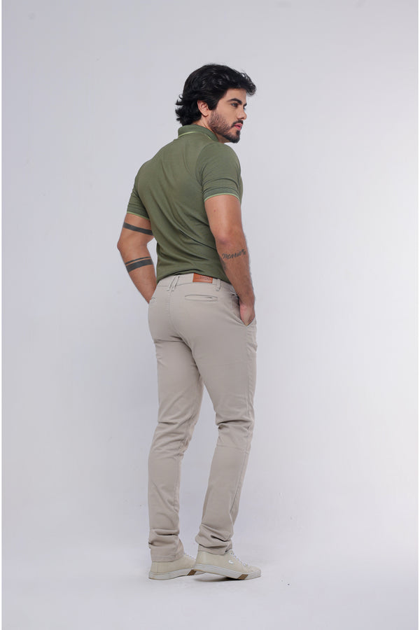 Calça Jeans Bolso Faca Alfaiataria Caqui Ref:CJM41
