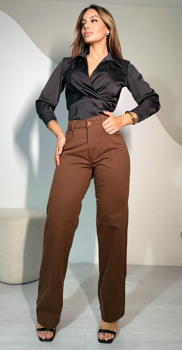 Calça Jeans Wide Leg Marrom Cintura Alta Ref: 0CJ49