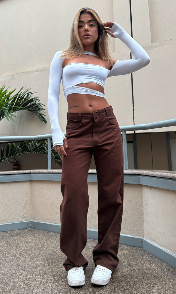 Calça Jeans Wide Leg Marrom Cintura Alta Ref: 0CJ49
