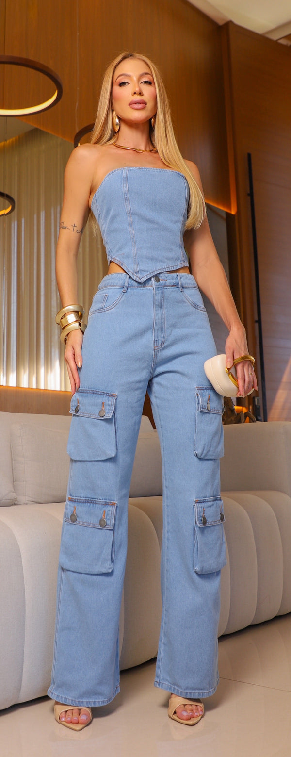 Calça Jeans Wide Leg Cargo Cintura Alta Bolsos Laterais Ref: 0CJ55