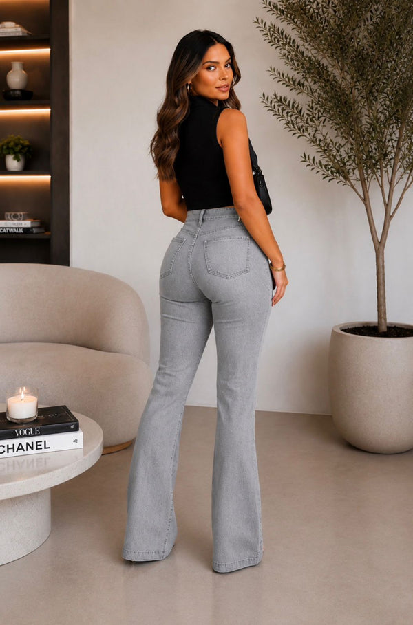 Calça Jeans Flare Cinza Cintura Alta Ref: 0CJ83