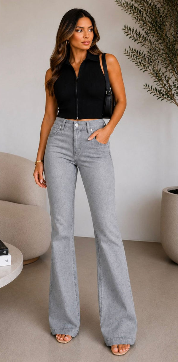 Calça Jeans Flare Cinza Cintura Alta Ref: 0CJ83
