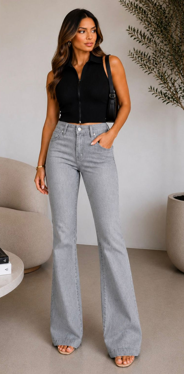Calça Jeans Flare Cinza Cintura Alta Ref: 0CJ83