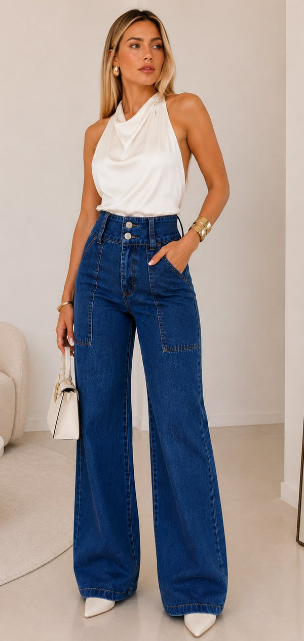 Calça Jeans Wide Leg Bolsos Cintura Alta Ref: 0CJ74