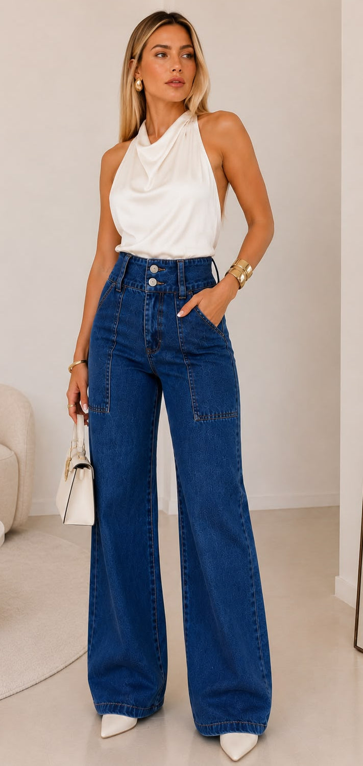 Calça Jeans Wide Leg Bolsos Cintura Alta Ref: 0CJ74