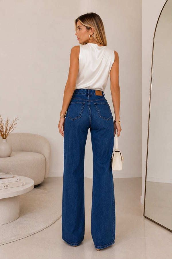 Calça Jeans Wide Leg Bolsos Cintura Alta Ref: 0CJ74