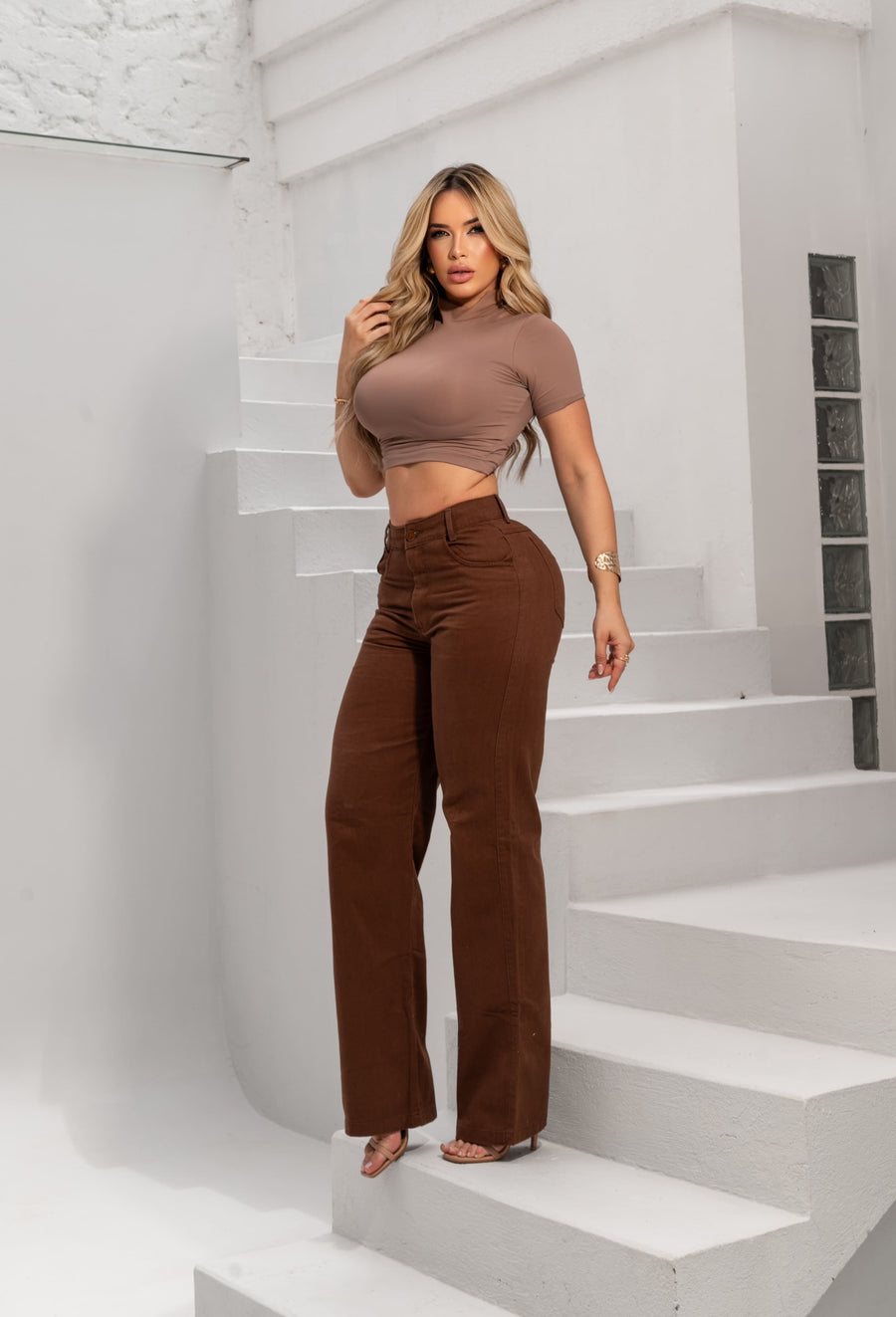Calça Jeans Wide Leg Marrom Cintura Alta Ref: 0CJ49