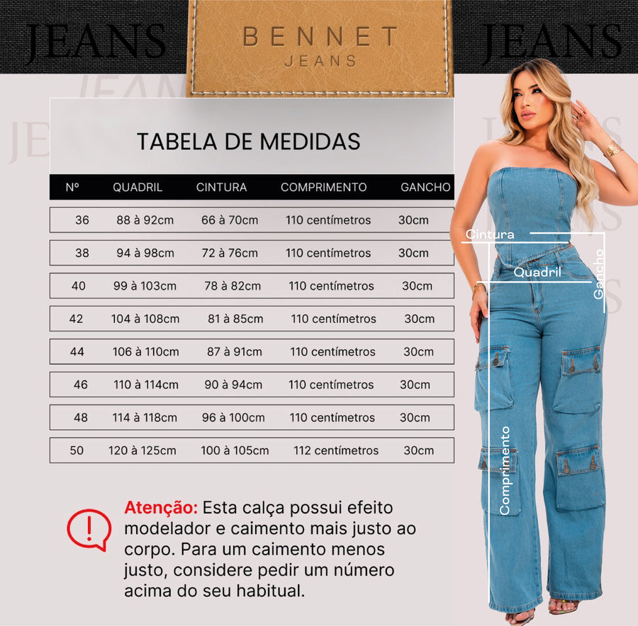 Calça Jeans Wide Leg Cargo Cintura Alta Bolsos Laterais Ref: 0CJ55